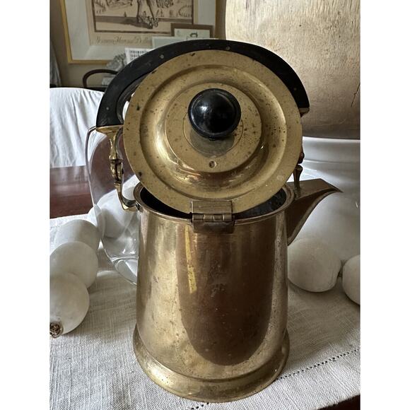 Vintage Brass Tea Pot Kettle Wood Handle Lid Attached, Flaw With The Handle - Picture 10 of 16